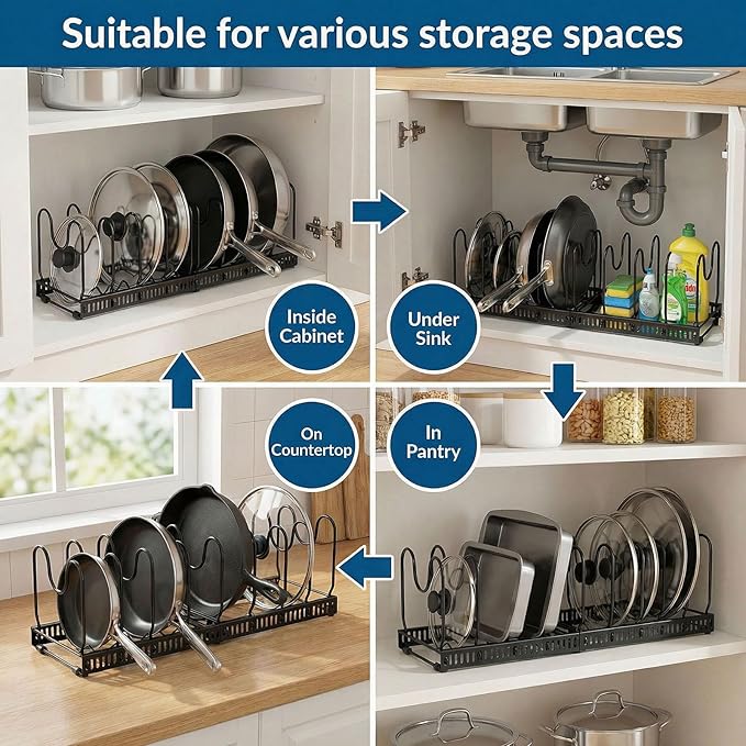 Expandable Pot Rack Organizer for Cabinet, Wave Slot Carbon Steel Pot & Pan Holder with 10 Adjustable Slots, Heavy Duty Cookware Storage for Pans, Lids, Bakeware, Countertop or Under Sink, Black