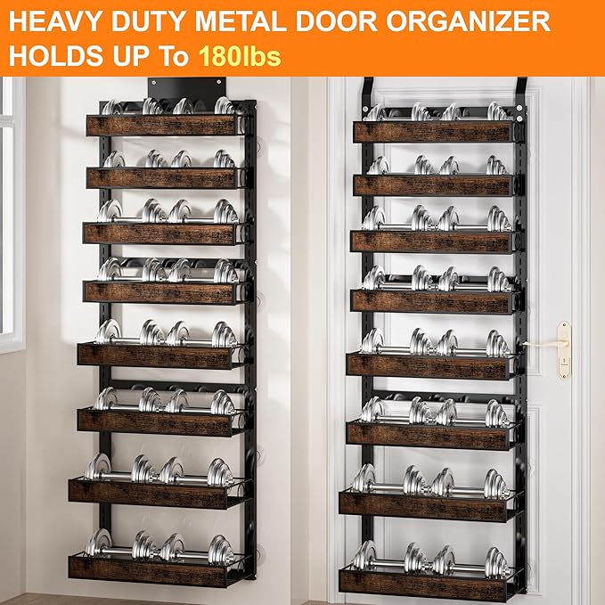 8 Tier Over The Door Pantry Orangizer 2 IN 1 Wall Mounted or Hanging Spice Rack with Adjustable Wood Basket,Heavy Duty Seasoning Storage Shelf for Kitchen Pantry and Bathroom