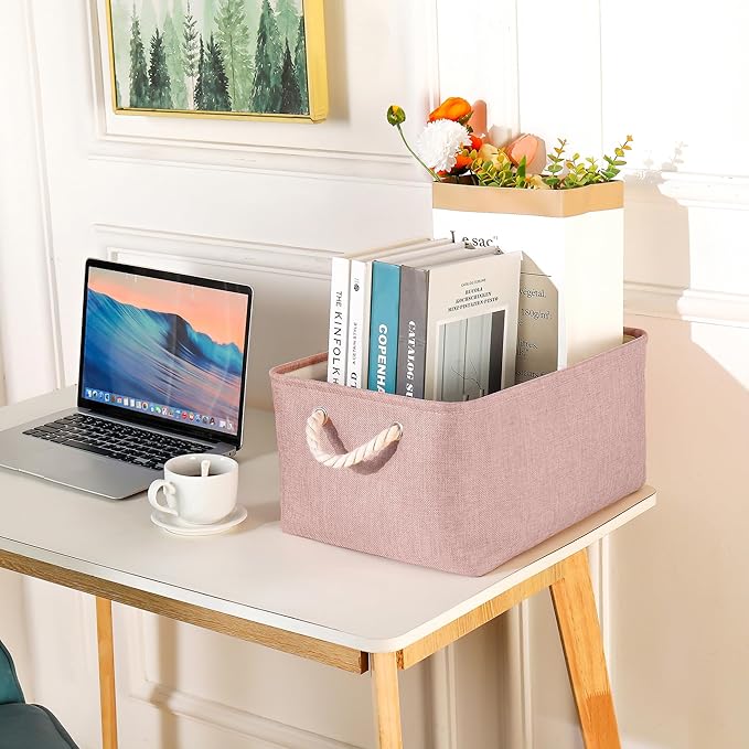 Storage Bins with Sturdy Cotton Handles(1 Pack), Fabric Storage Baskets for Organizing use for Office & Home, Book, Clothes, Toys, Closet Boxes (Medium, Pink, 14.2x10.2x7.1 inches)