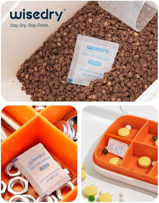 wisedry 5 Gram [60 Packs] Food Grade Silica Gel Packs Rechargeable Desiccant Dehumidifiers Pouches with Color-Indicating Beads Reusable Moisture Absorbers for Food Storage