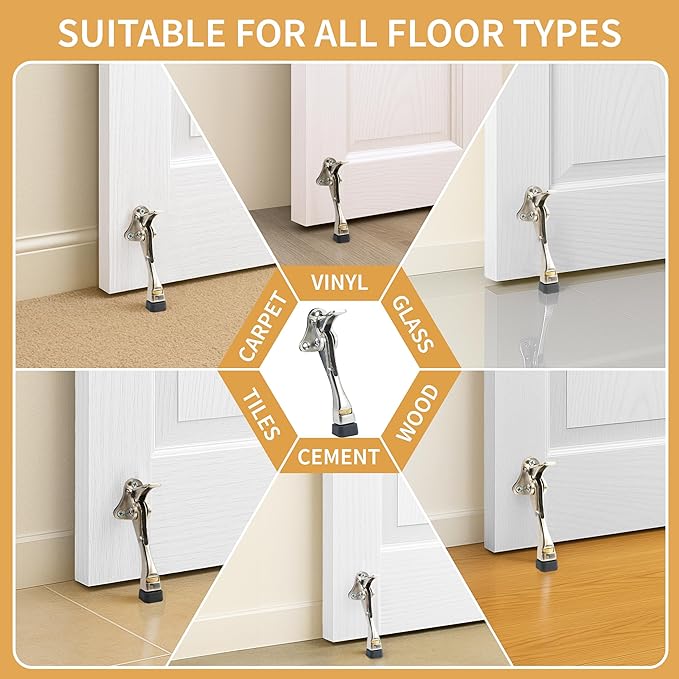Kickdown Door Stopper, 6 Pack Heavy Duty 4 Inches Door Stoppers for Bottom of Door, One Touch Door Holder with Durable Lever, Anti-Slip Rubber, and Adjustable Height, Suitable for All Floor Types