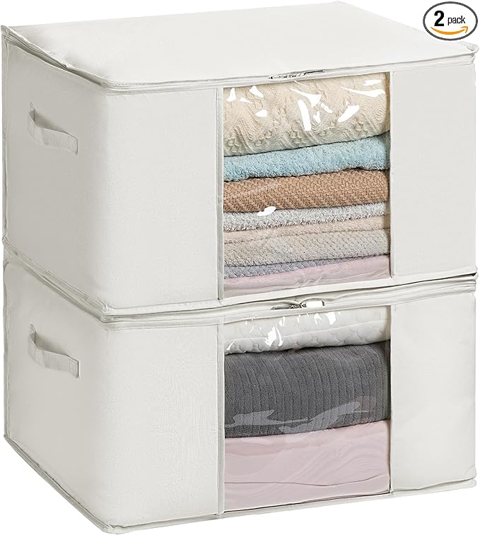TYEERS Large Storage Bags with Zipper and Clear Window, Cotton Blended Fabric Storage Containers for Seasonal Clothes and Bedding, 23.6x15.7x13.8 Inches, 2-Pack, Beige
