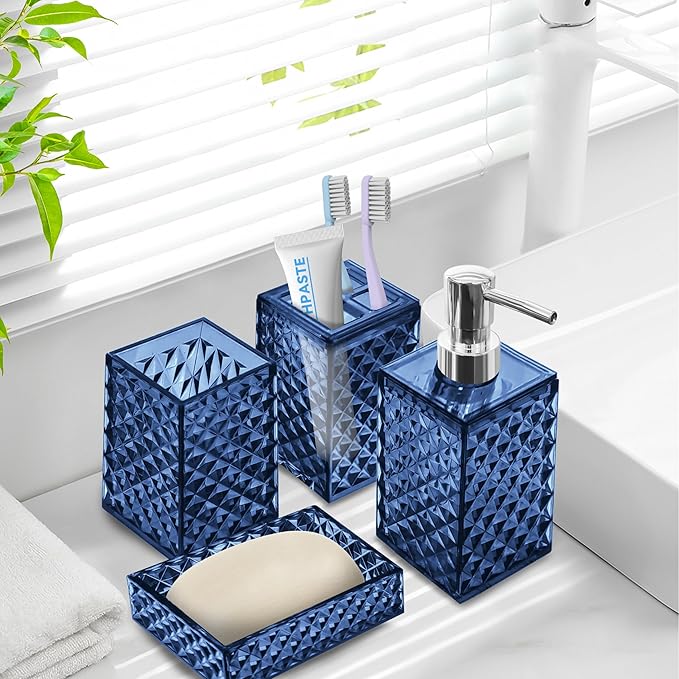 Bathroom Accessory Set, 4 PCS Blue Bathroom Accessories Sets, Soap Dispenser and Toothbrush Holder Set, Soap Dish and Mouthwash Cup, Boho Bathroom Decor, Bathroom Sets Accessories