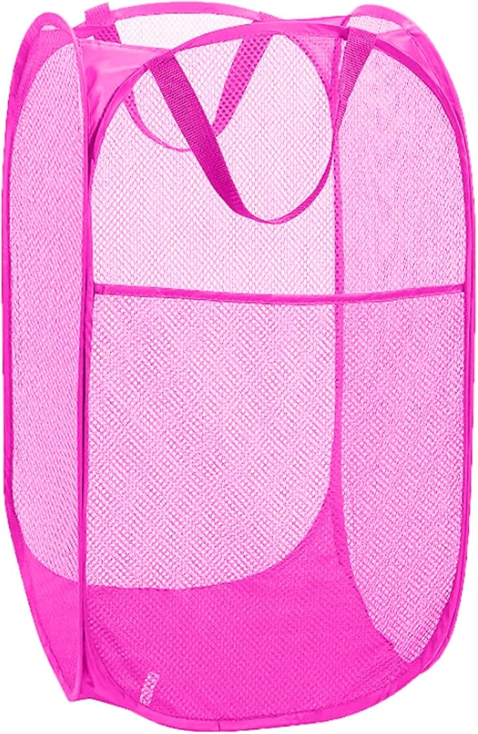 Pop Up Laundry Hamper, Portable Mesh Laundry Basket, Collapsible Clothes Storage Bin for Bedroom, Dormitory, Travel, Home, Rose Red