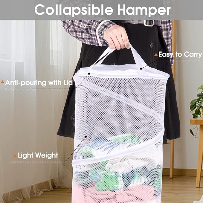 BATTOO 2 Pack Large Collapsible Laundry Basket with Lid Foldable Mesh Pop Up Hamper with Handles for Laundry Room, Bathroom, Kids Room, College Dorm, Travel, Storage Organizer Black+White
