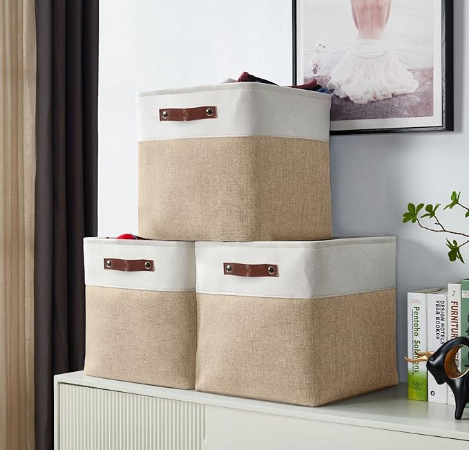 DECOMOMO Storage Cubes, 11x11 Cube Storage Bins, Baskets for Shelves (Beige & White, 4 Pack)