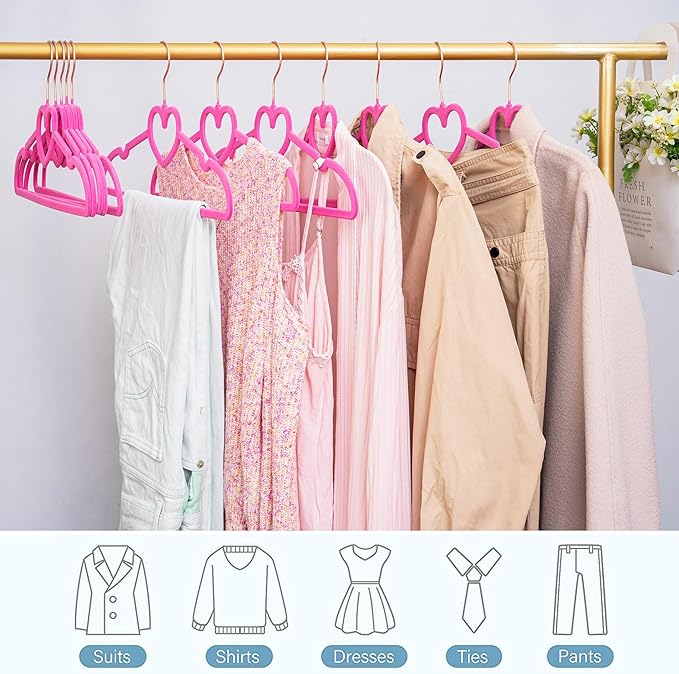 Velvet Hangers 20 Pack, 360° Swivel Rose Gold Hooks, 16" Non Slip Felt Hanger, Space Saving Clothes Hanger, Durable & Cute Flocked Heart Hanger for Adult (Hot Pink)