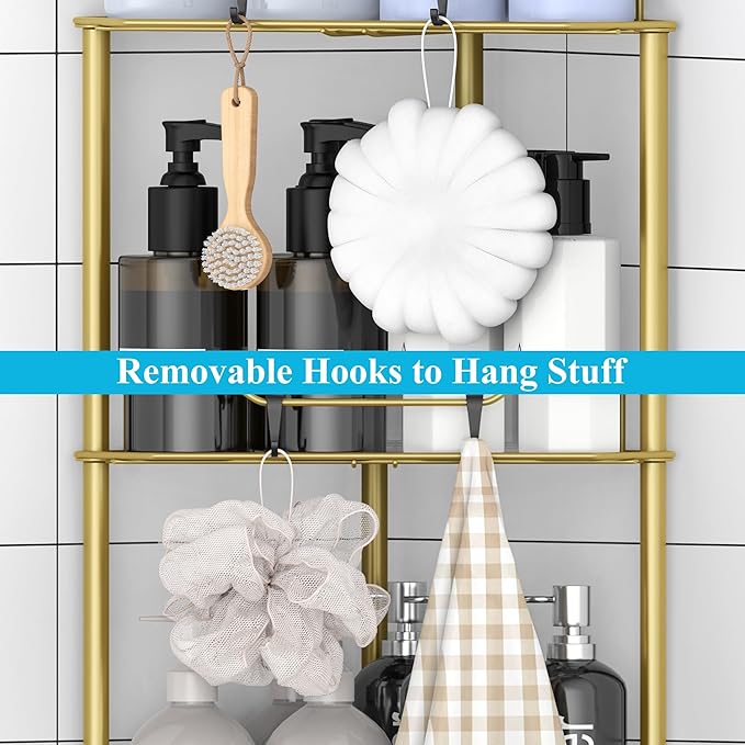 5 Tier Floor Standing Corner Shower Caddy Organizer Shelf with Hooks, Bathroom Shelves Stand Rack, Gold
