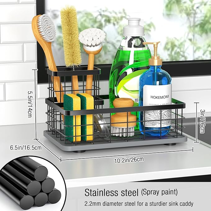 EXTRA LARGE Kitchen Sink Caddy Organizer, [FLEXIBLE PLACEMENT & FAST-DRYING] Sponge Holder for Kitchen Sink Countertop,Stainless Steel with Rust-Resistant Coating-10.24" L x 6.5" W x 5.83" H