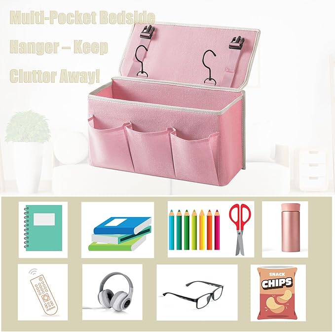 Bedside Caddy / Bedside Storage Organizer Hanging Bag with Three Options,Suitable for home beds, sofas, and dormitory beds—can hold magazines, books, phones, iPads, remote controls. (2-Pack Pink)