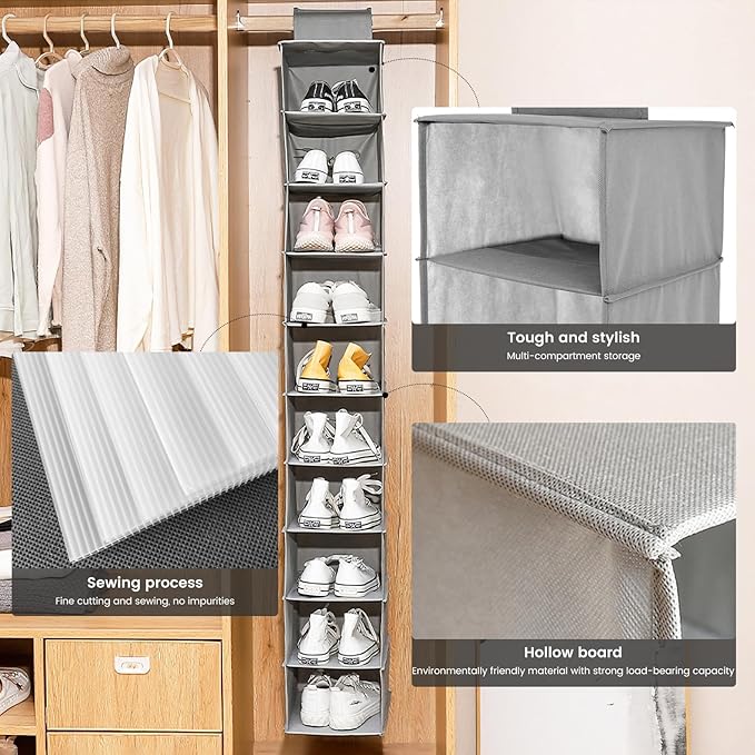HomeBeyond 10-Shelf Hanging Closet Organizer, Grey Storage Shelves for Clothes, Shoes, and Accessories, Space-Saving Closet Storage Solution