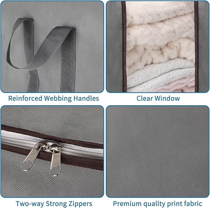 Fixwal 4pcs Large Blanket Bags 120L King Foldable Comforters Storage Bags, Extra Large Organizers for Blankets, Clothes, Pillows, Quilts, Bedding with Thick Fabric Reinforced Handles, Grey
