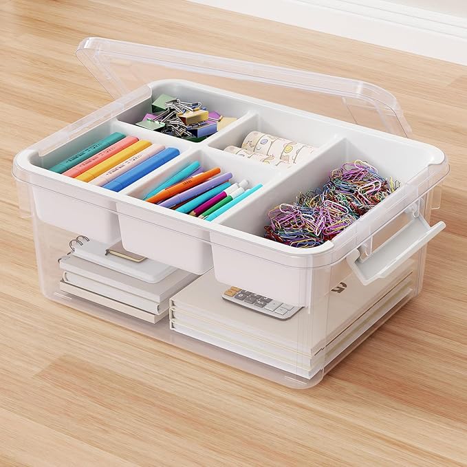 HOMETUK 20Qt Stackable Storage Bin with Lid & Tray, Clear Plastic Latching Box Organizer with Divider Portable 5Gal Container for Arts & Crafts, Home and Car Trunk Organization, 1Pack