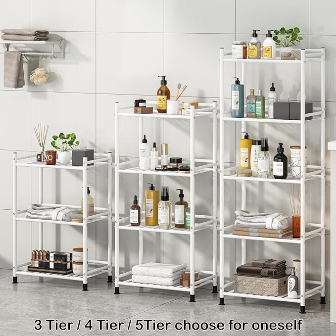 4 Tier Bathroom Storage Open Shelf Unit, Free-Standing Metal Corner Rack Shelving for Kitchen, Living Room, Hallway (White, Wider 4 Tier)