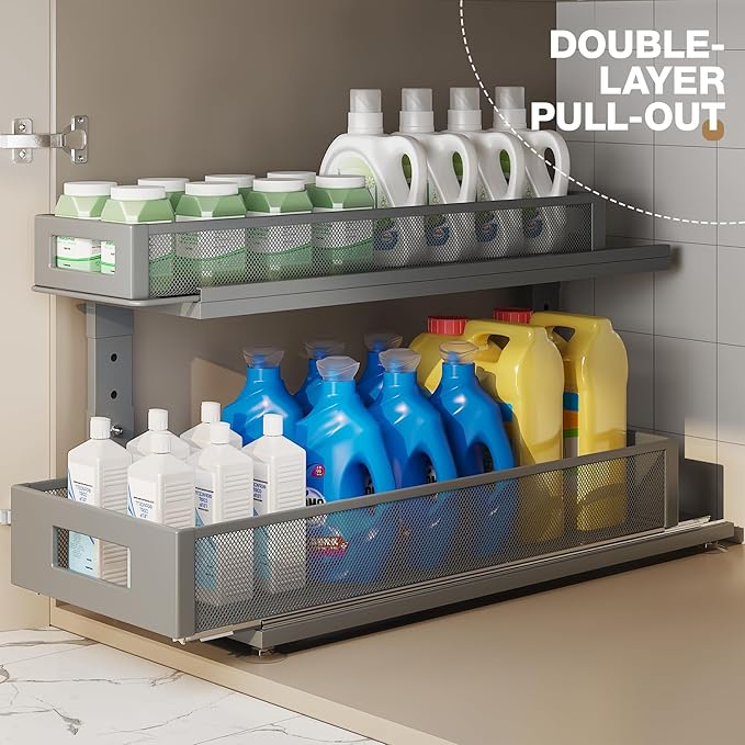 Corbyles 2 Pack 21.3IN-Depth Under Sink Organizer with Next-Gen Ball-Bearing Slides,2-Tier Pull Out Cabinet Storage,Height Adjustable Drawer Shelf for Bathroom,Kitchen,Laundry,Cabinet,Pantry-Gun Gray