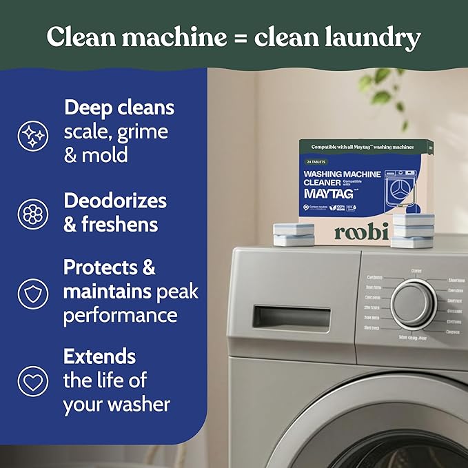 Roobi Washing Machine Cleaner Tablets. Compatible with Maytag and All Washing Machine Brands and Models. Septic Safe Deep Clean Formula. Carbon-Neutral 24-Pack Cleaning Tablets.