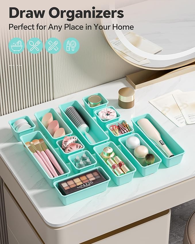 13 Pack Plastic Drawer Organizers Set, 3 Sizes Desk Drawer Organizer Trays for Vanity and Makeup Organizer, Organization and Storage for Makeup, Kitchen Utensils, Bathroom and Office(Blue)
