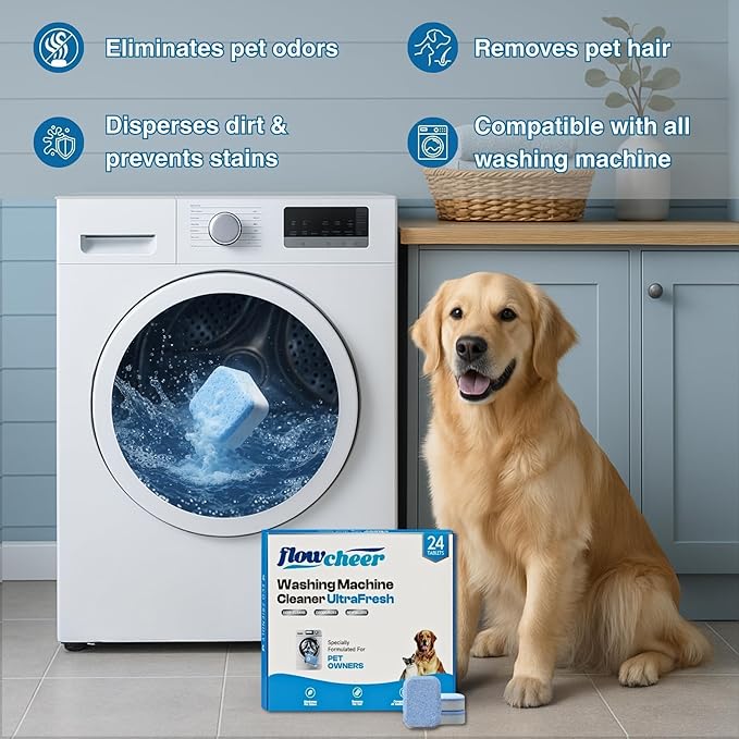 flowcheer Washing Machine Cleaner for Pet Hair & Odor Deep Cleaning Tablets for Washer Drum & Tub – Breaks Down Odor-Causing Buildup, Loosens Pet Hair Residue – 24 Tablets, 1 Year Supply