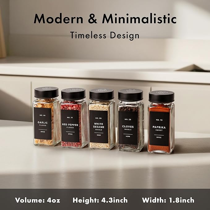 Glass Spice Jars with Label and Stainless Steel Covered/Plated Lids (24 x 4oz) Spice Containers with 240 Labels, Shaker Inserts, Steel Funnel, Empty Square Empty Square Seasoning Organizer