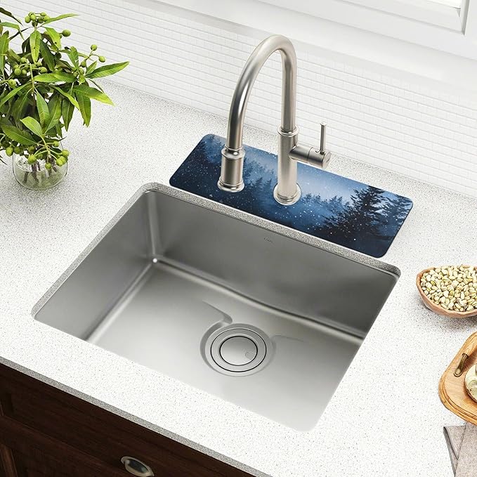 Kitchen Sink Splash Guard 2 PCS 14.7 Inch Sink Faucet Mat Splash Guard for Bathroom Countertop Water Absorbent Foldable Cuttable Soft Washable Watercolor Winter Mountain Blue
