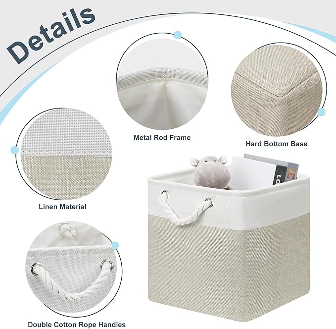 Posprica 11×11 Storage Cubes, Collapsible Storage Bins Organizer for Closet, Fabric Storage Box with Cotton Rope Handles, Decorative Storage Baskets for Shelves, Nursery, Toy, set of 6 - White/Coffee