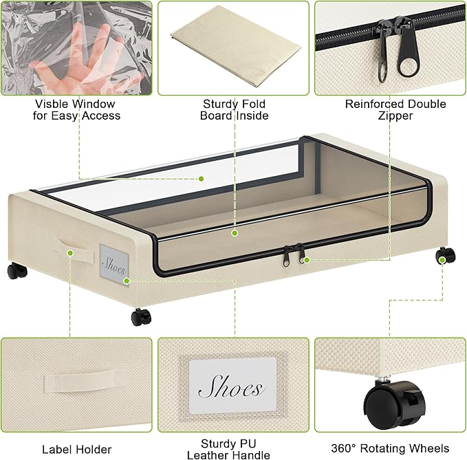Under Bed Storage with Wheels, XXL 60L Under the Bed Storage Bins, Underbed Storage Containers with Lids & Label, Rolling Metal Drawer for Shoes, Clothes, Books, Toys (4-Pack Beige)
