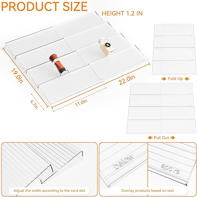 Yieach 8 Pack Adjustable In Drawer Spice Organizer - Expandable From 11" to 22" - Clear Acrylic Seasoning Organizer with Jars for Kitchen Drawer,Horizontal Tiered Kitchen Spice Organization & Tray