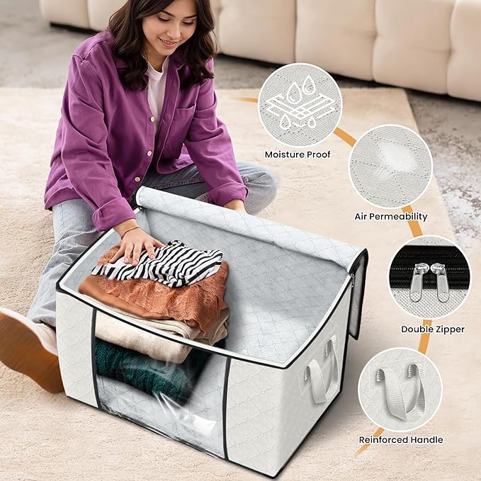 Fab totes 24 Gallons Clothes Storage, Foldable Thick Fabric Blanket Storage Bags, Containers for Organizing Bedroom, Closet, Clothing, Comforter, Organization with Handle (8 Pack,Ivory)