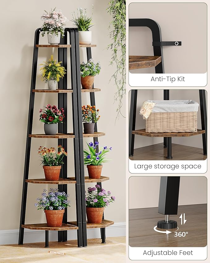 Corner Shelf, 5-Tier Ladder Corner Shelf, Ladder Bookshelf, 59.6" Tall Vertical Display Stand, Metal Frame Bookshelf, for Living Room, Bedroom, Kitchen, Rustic Brown and Black TCJ20BF