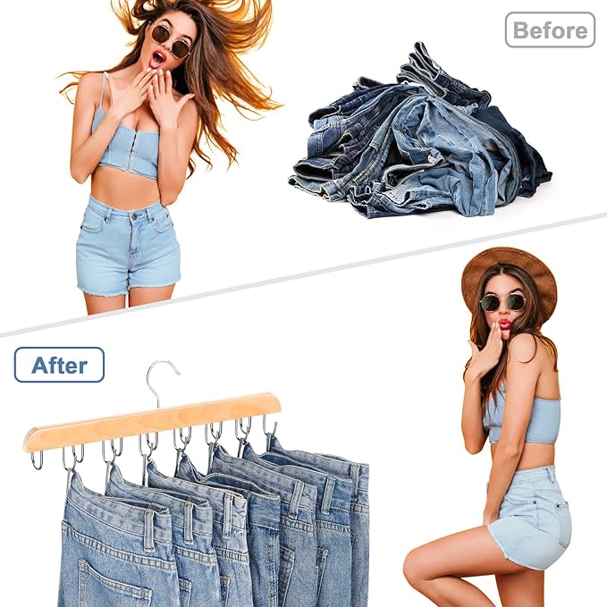 Jean Hangers for Closet, 14 Wood Jeans Hooks Space Saving, 180° Rotating Jean Hangers Holder for Skirts/Shorts/Belts/Ties, Closet Organizers and Storage, Pants Hooks for Jeans, 2 Pack, Natrual