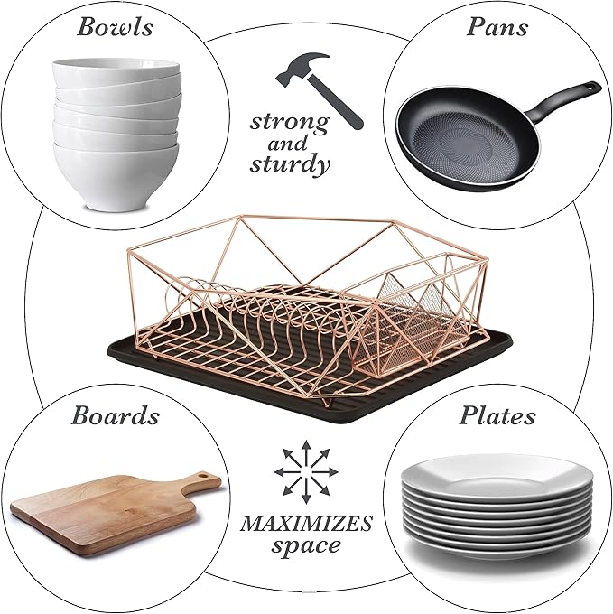 Kitchen Details Geode Deluxe Dish Drying Rack with Drain Board | Cutlery Basket | Utensil Holder | Iron Frame | Copper
