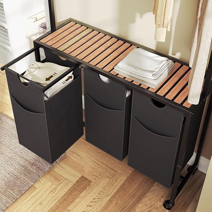 Laundry Sorter 3 Section, Rolling Laundry Hamper with Hanging Rack, Laundry Sorter with Wheels, Hampers for Laundry, Laundry Basket Organizer for Laundry Room, Rustic Brown LS37BR