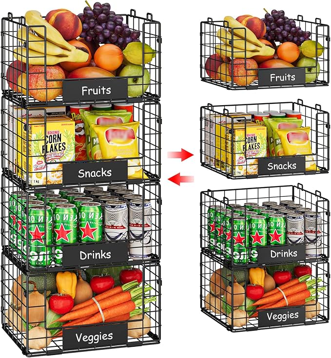 JKsmart Pantry Organizers and Storage, 4 Pack XL Stackable Wire Baskets with NamePlates, Metal Storage Bins for Snack Can Fruit Vegetable Spice