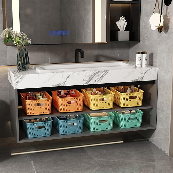 Plastic Storage Basket for Organizing 12 Pack Small Colored Storage Bins Container for Shelves, Colorful Shelf Baskets with Handles for Pantry Classroom Playroom Kitchen Cabinet Organization