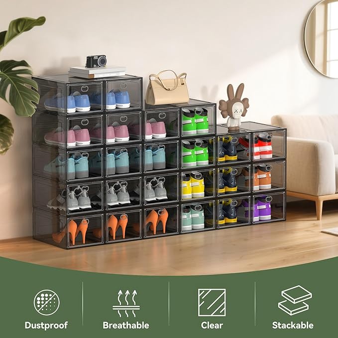 ALCCB Thicken Hard Clear Shoe Storage Organizer for Closet, 12 Pack Modular Plastic Stackable Shoe Storage Box Organizer, Shoe Sneaker Rack Display Case Containers Bins with Lids, Grey