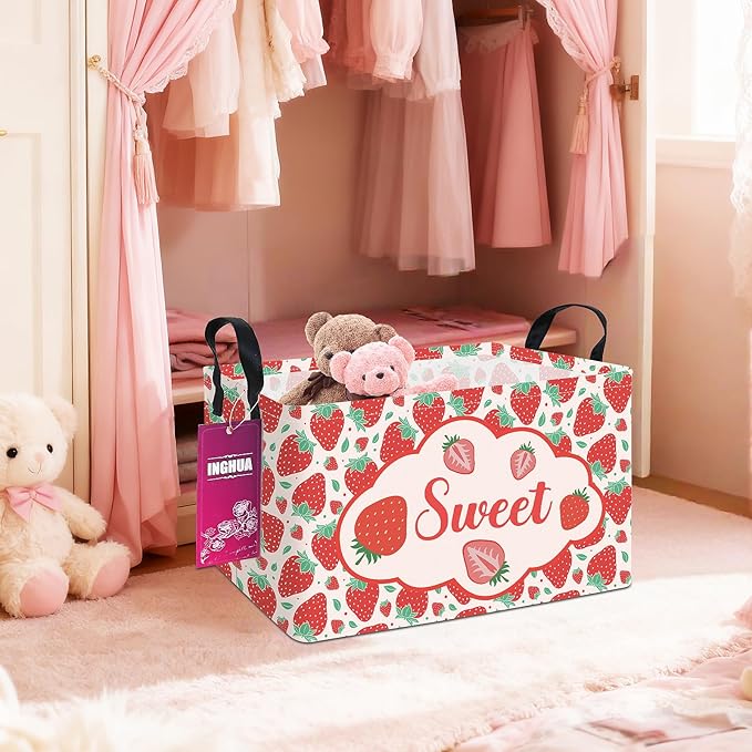 Rectangular Storage Basket Fabric Organizer Bin for Toys,Books,Clothes,Gifts,Pets-Perfect for Home,Office,Nursery,Dorm,Shelf(Rec-strawberry)