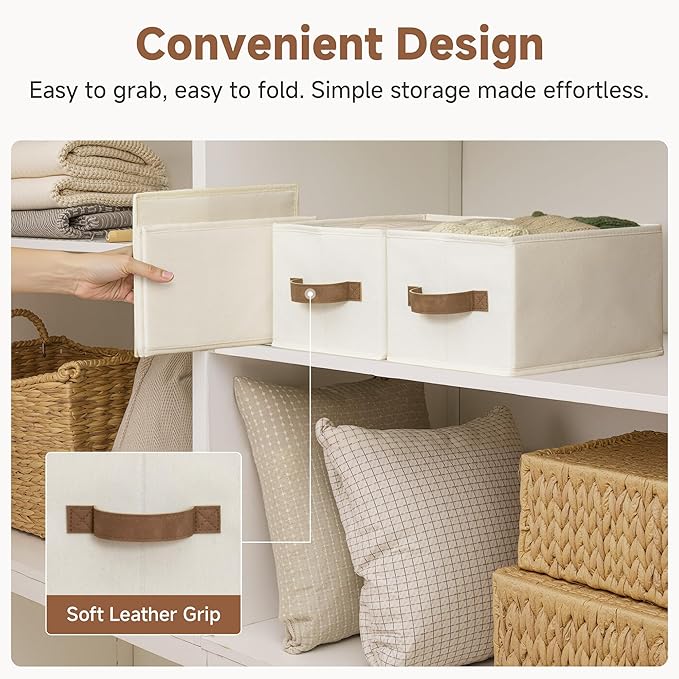 StorageWorks Closet Organizer Storage Baskets, Storage Bins for Shelves, Fabric Organization and Storage, Foldable Closet Organizer for Clothes, Ivory White, 3-Pack, Small