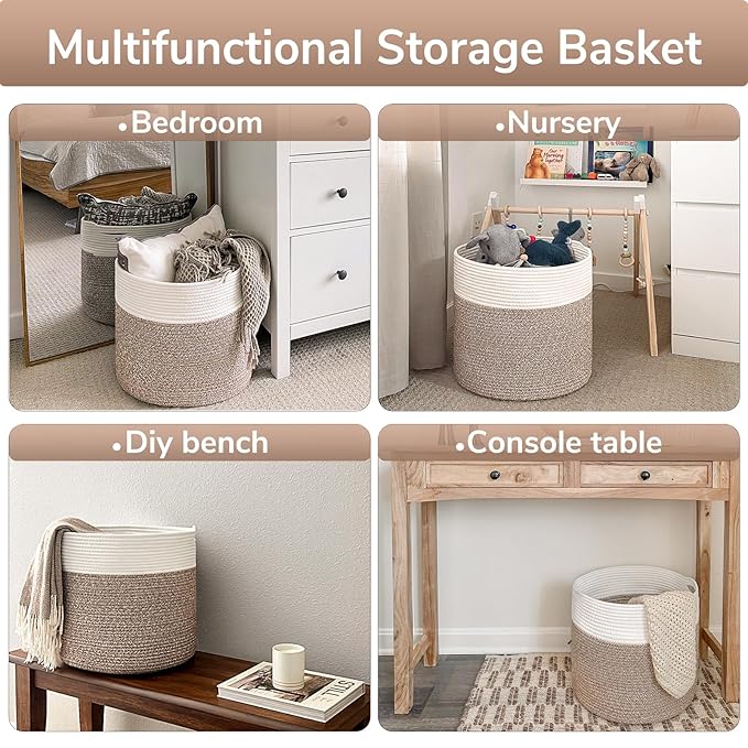 Goodpick 15.8 x 15.8 x 13.8 Inches Blanket Basket - Cotton Rope Baskets for Blankets & Toys, Nursery & Living Room Decor (Soft Material Design)