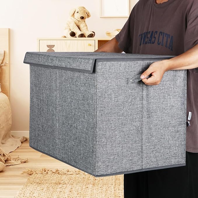 122L Large Toy Chest Box with Lid, Foldable Toy Storage Organizer Bin Boxes with Removable Divider for Kids, Boys, Girls, Nursery, Playroom, 26"x17" x17"(Linen Gray)