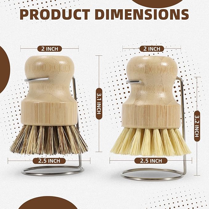 6-Piece Bamboo Dish Brush Set with Fast-Dry Stainless Steel Holder,3xNatural Sisal Bristle Brush & 1xPalm Bristle Kitchen Cleaning Brushes for Dishes, Pots, Pans & Sink