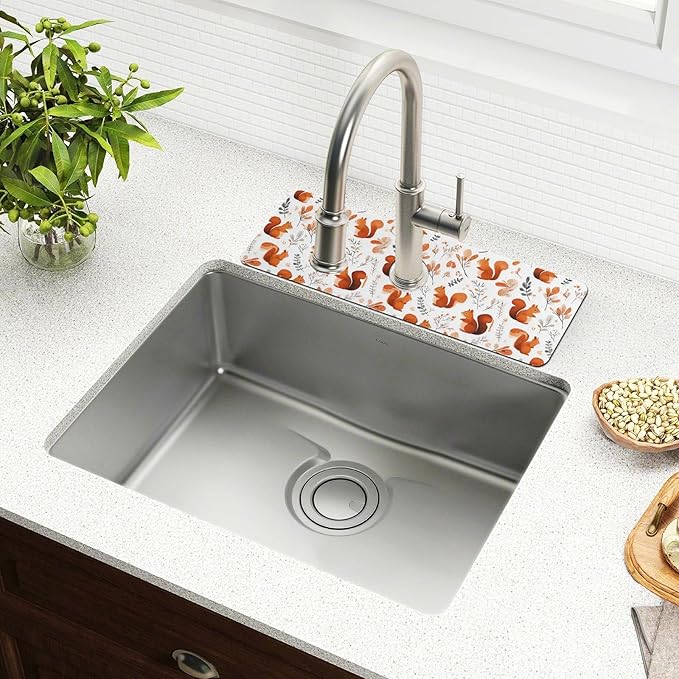 Squirrels and Fall Leaves Kitchen Sink Splash Guard Sink Faucet Mat Faucet Handle Drip Catcher Drain Mats for Kitchen Bathroom Countertop Absorbent Dish Drying Pad 2Pack 14.7x5.4IN