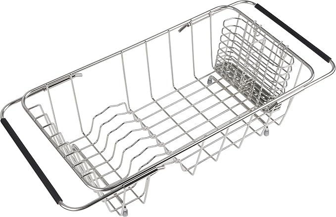 Sink Dish Drainer Rack, Expandable 304 Stainless Steel Dish Drying Rack Organizer with Stainless Steel Utensil Rack, Adjustable 14.96" to 20.59" Inside The Sink (up to 7 Upright Utensils).