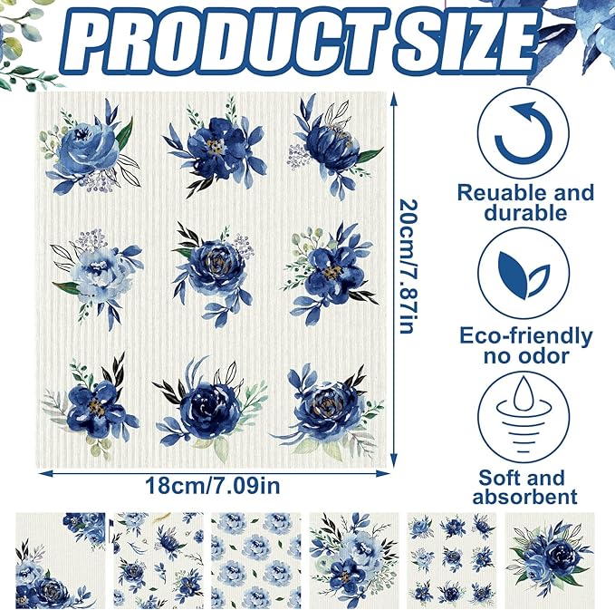 Sunnyray 12 Pcs Swedish Kitchen Dish Towels Dishcloth Reusable Sponge Cleaning Cloth Kitchen Towels Absorbent Washable Dish Cloth Drying Hand Towel(Blue, Watercolor Flower)