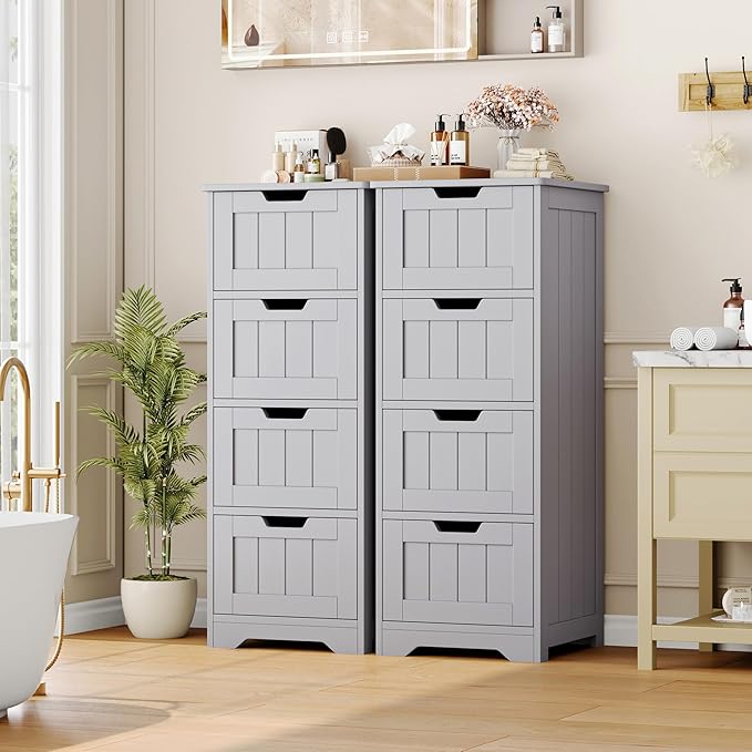 FOTOSOK Bathroom Storage Cabinet, Bathroom Cabinet with 4 Drawers, 11.8” x 11.8” x 32.5” Freestanding Entryway Cupboard Storage Organizer Unit Home Furniture Decor, Grey