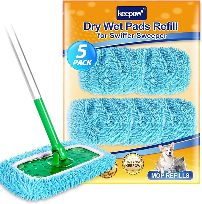 KEEPOW Dry Sweeping Cloths Microfiber Wet Mop Pads Refill Compatible with Swiffer Sweeper Mop Replacement Sweeping Mopping Pad Refills for Hardwood Surface Floor Cleaning, 5 PCS