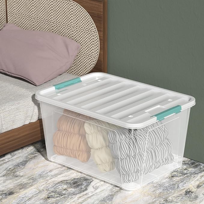 Aninhao 85 Quart Clear Plastic Storage Bin with Wheels, 4-Pack Large Latching Storage Box with Lid