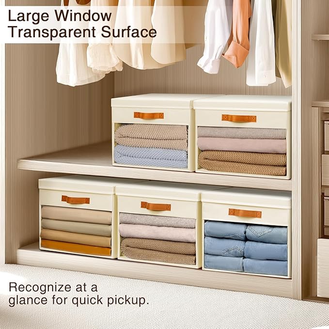 Large Storage Bins with Lids - 4 Pack Foldable Decorative Organizers with Clear Windows & Handles, Cube Storage Organizers for Clothes, Blankets, Sweaters, Sheets, Beige