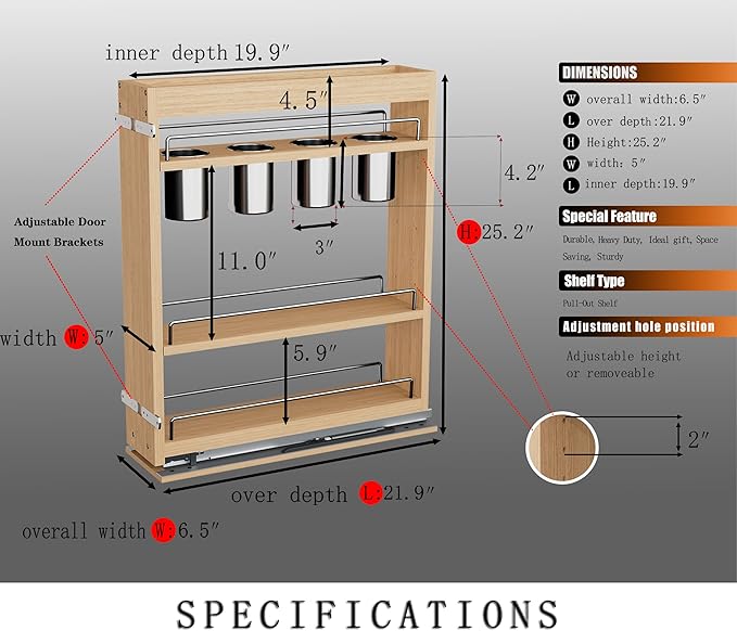 DINDON Pull Out Spice Rack Cabinet Organizer, (5" W x 21.9" D x 25.2" H) Multi-Use Soild Wood Pull Out Cabinet Organizer With 4 Movable Stainless Steel Cutlery Storage Buckets for Kitchen Organization