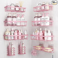 10 Pack Shower Caddy Organizer Rack Shelf for Inside Shower, Self Adhesive Wall Storage Basket Rustproof Stainless Steel Shampoo Holder Bathroom Accessory Decor Set, Pink
