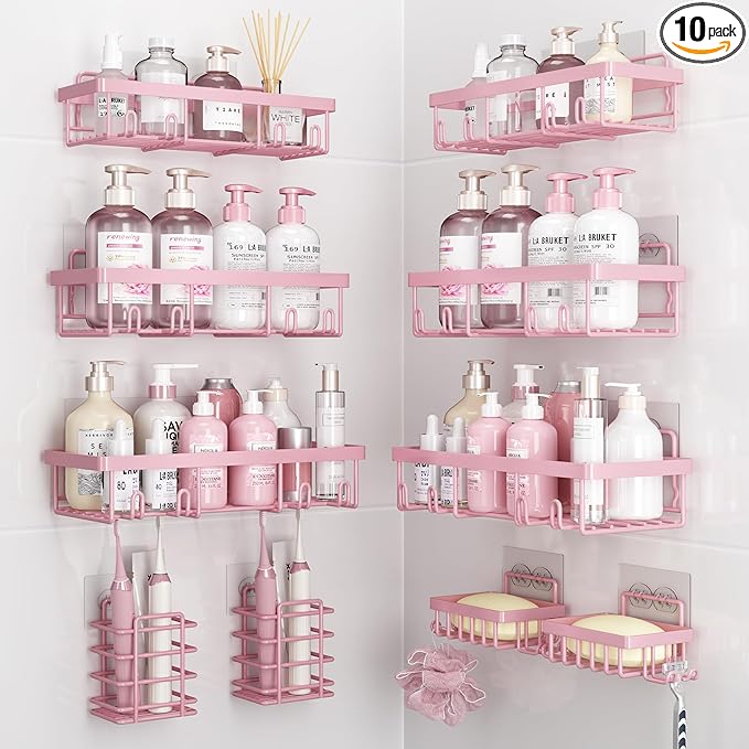 10 Pack Shower Caddy Organizer Rack Shelf for Inside Shower, Self Adhesive Wall Storage Basket Rustproof Stainless Steel Shampoo Holder Bathroom Accessory Decor Set, Pink